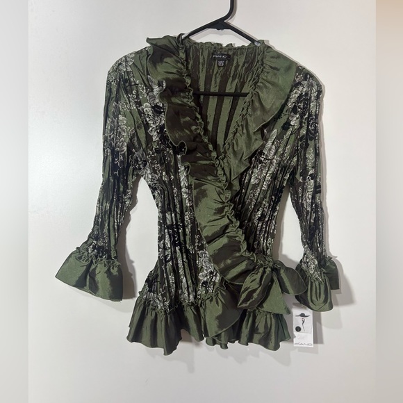 NWT PIANO GREEN FLORAL TOP BLOUSE WRINKLED TAFFETA FAIRY GOTH RENAISSANCE SIZE M - Picture 5 of 14